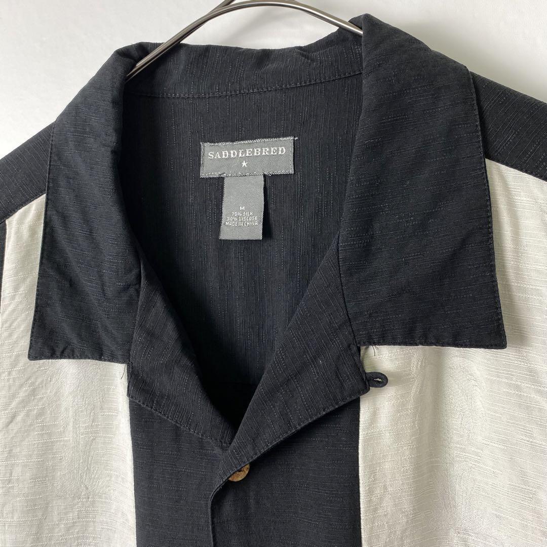 古着 開襟シャツ 半袖 シルク レーヨン ライン キューバシャツ ブラック Mの画像4