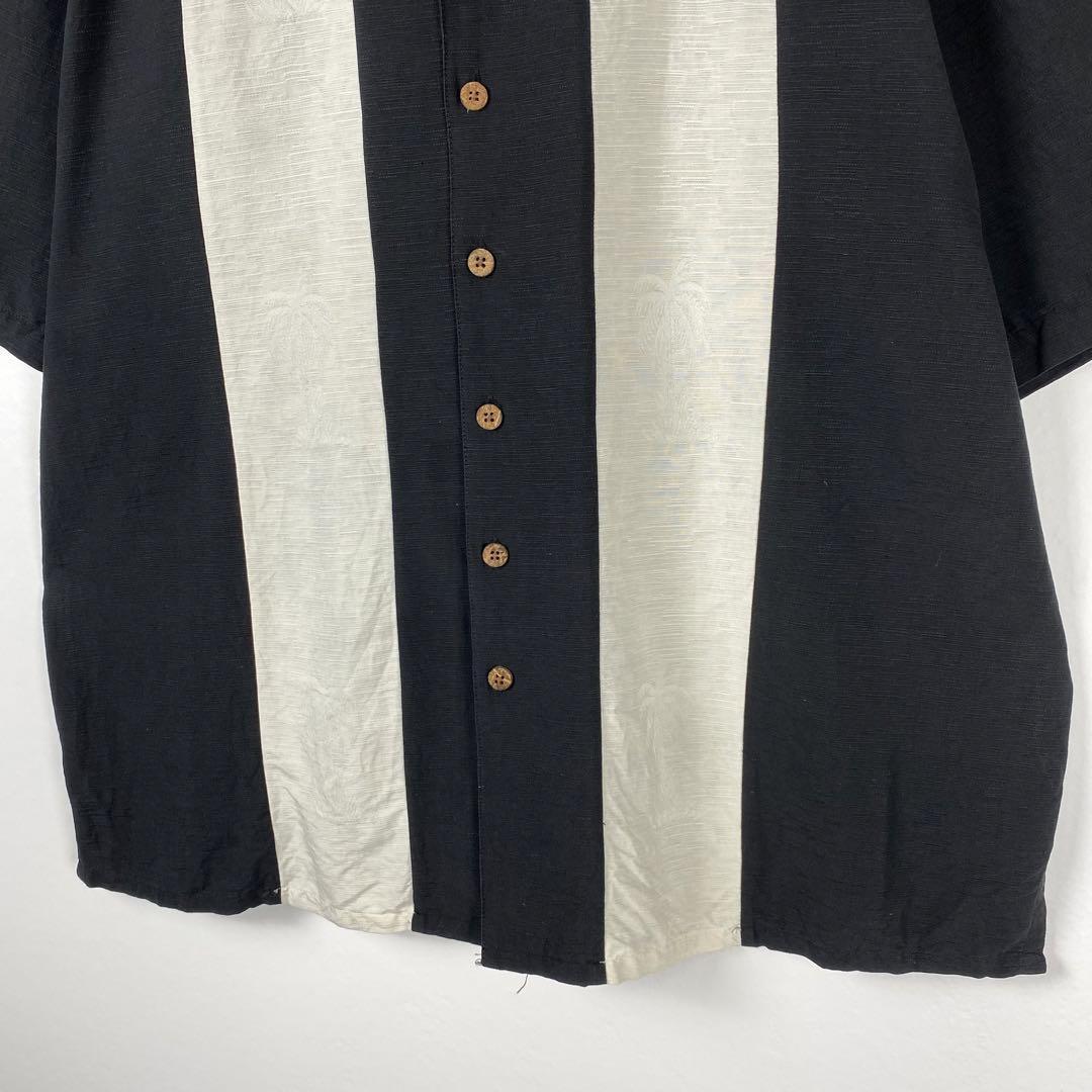 古着 開襟シャツ 半袖 シルク レーヨン ライン キューバシャツ ブラック Mの画像3