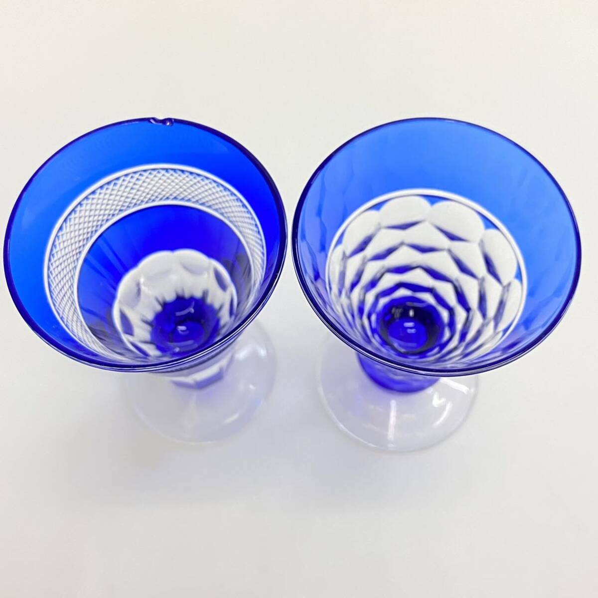T34 カメイガラス 藍 江戸ビードロ 切子 酒盃 酒杯 ショットグラス 高杯グラス 縞模様 酒器 ガラス細工 硝子杯 2個セット まとめての画像6