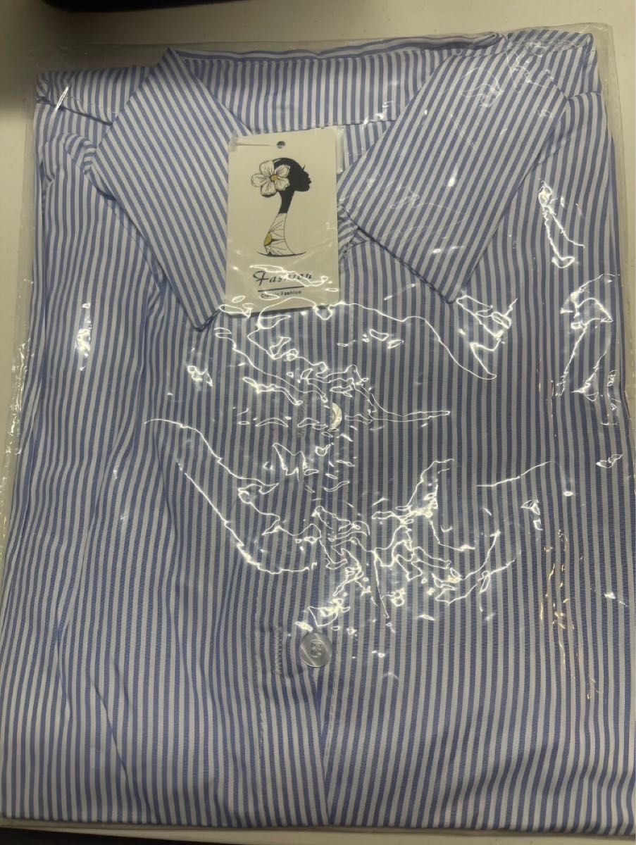 ストライプシャツ 袖口フリル  Mサイズ  キャンディースリーブシャツ  韓国　ブルーストライプ