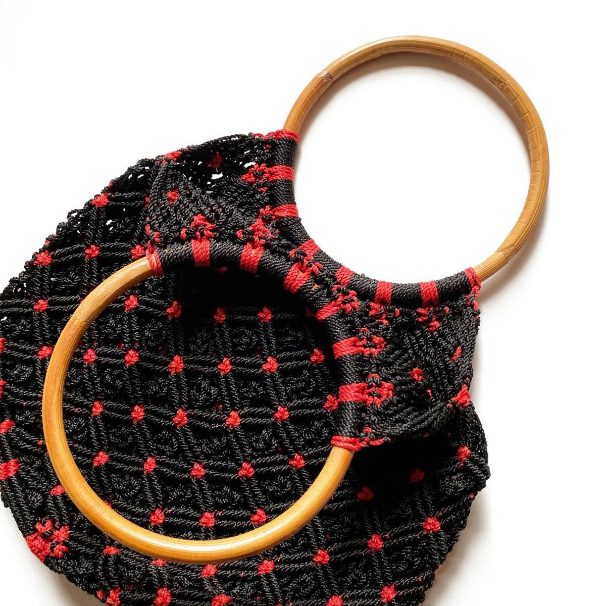 リンググラニーバッグ かぎ編みバッグ 持ち手木製 ハンドバッグ 昭和レトロ