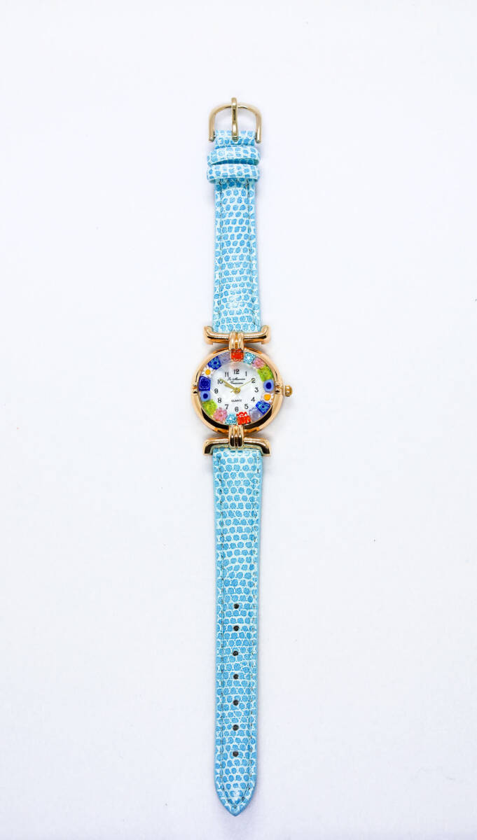 【送料無料】イタリア製 ベネチアンガラス ハンドメイド 腕時計 ムラーノクリスタル ミルフィオリ ウォッチ (ゴールド ライトブルー)の画像2