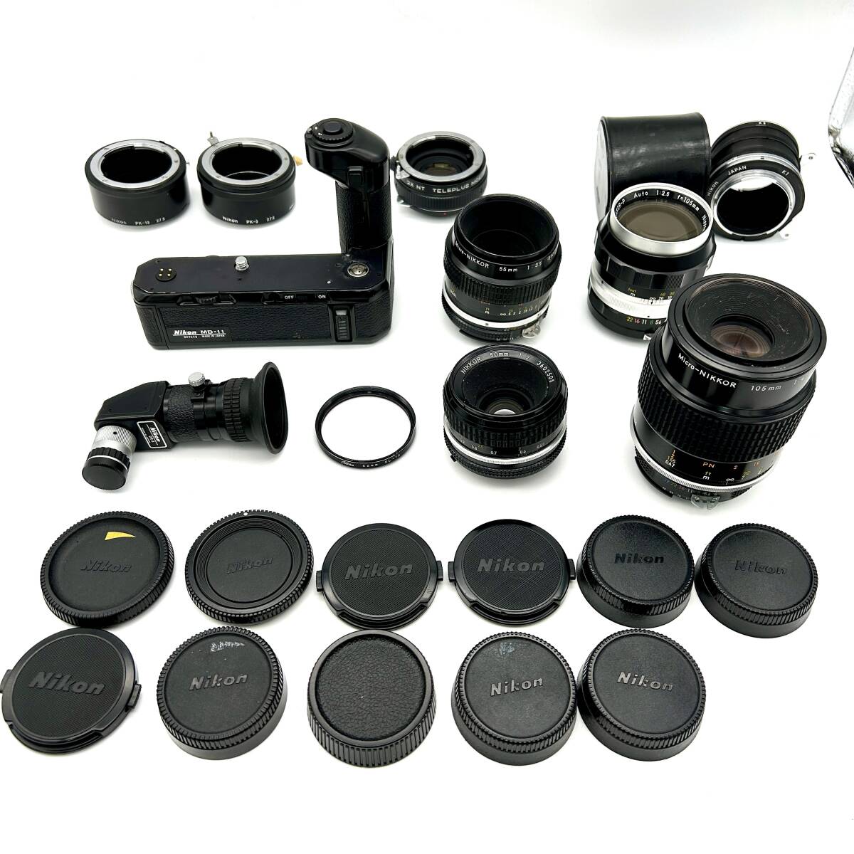 KY0086■【シャッターOK】Nikon FE ＋ レンズ 5本 ＋ MD-11 セット ニコン フィルムカメラ 1:1.4 50mm / 1:3.5 55mm / 1:2.5 1:4 105mm _画像9