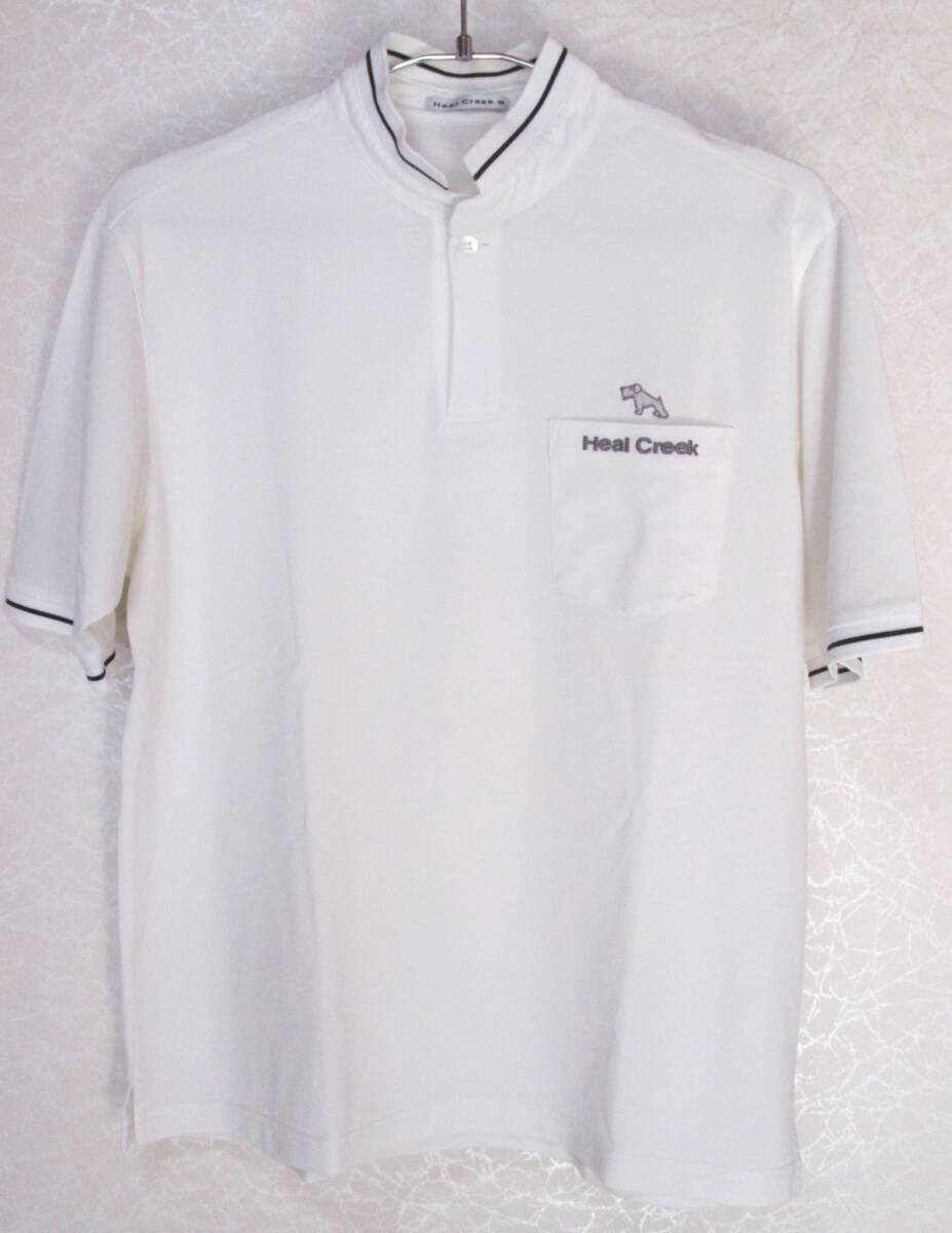 *　ヒールクリーク　Heal Creek　ポロシャツ　半袖　メンズ=48(M前後　オフ白　コットン　グリップインターナショナル　ゴルフ　トップス_各部の仕上がりサイズ確認をお願い致します