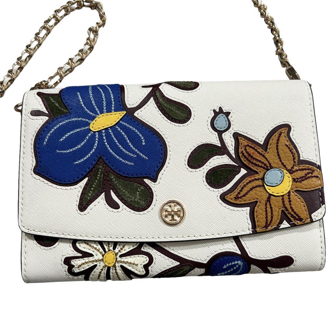 【美品】トリーバーチ 花柄 刺繍 チェーン ショルダーバッグ ポーチ 財布 TORY BURCH フラワー レザー フラップ マルチカラー ロゴ 金具_画像2