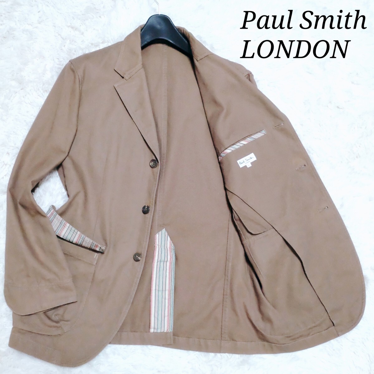 【希少Lサイズ】ポールスミスロンドン Paul Smith LONDON テーラードジャケット マルチストライプ センターベント 袖スリット ブラウン 茶の画像1