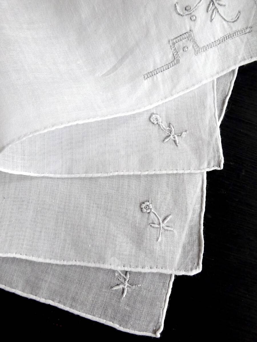 19世紀-20世紀 フランス ハンカチ 刺繍 クロッシェ ニードル バテン タティング リバー 綿レース スカラップ トリム チュール 古布 _画像5