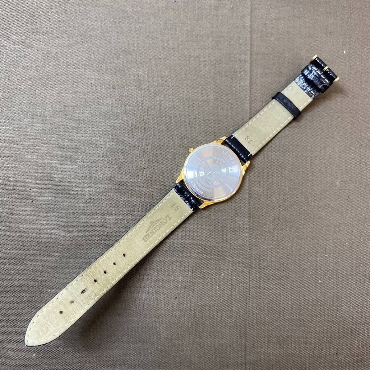 ●【MH-6918】中古品 LONGINES ロンジン L4.759.2 メンズ 腕時計 クオーツ デイト ゴールド文字盤 純正 レザーベルト 現状不動品【レタパ】の画像6