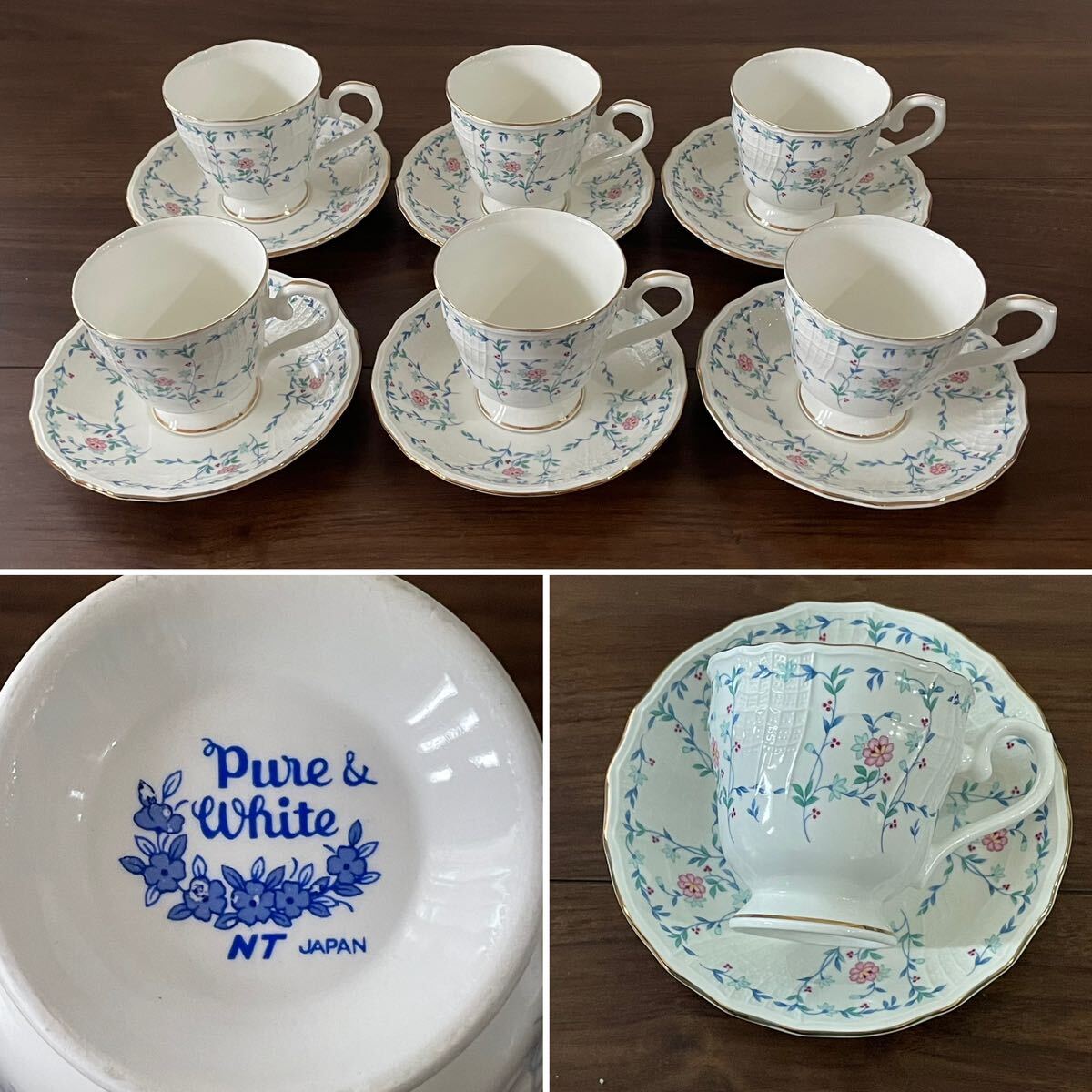 ☆未使用品☆NT JAPANA ノリタケ Noritake☆Pure&White☆カップ＆ソーサー☆コーヒーカップ☆ティーカップ☆花柄☆6客セット☆金彩の画像1