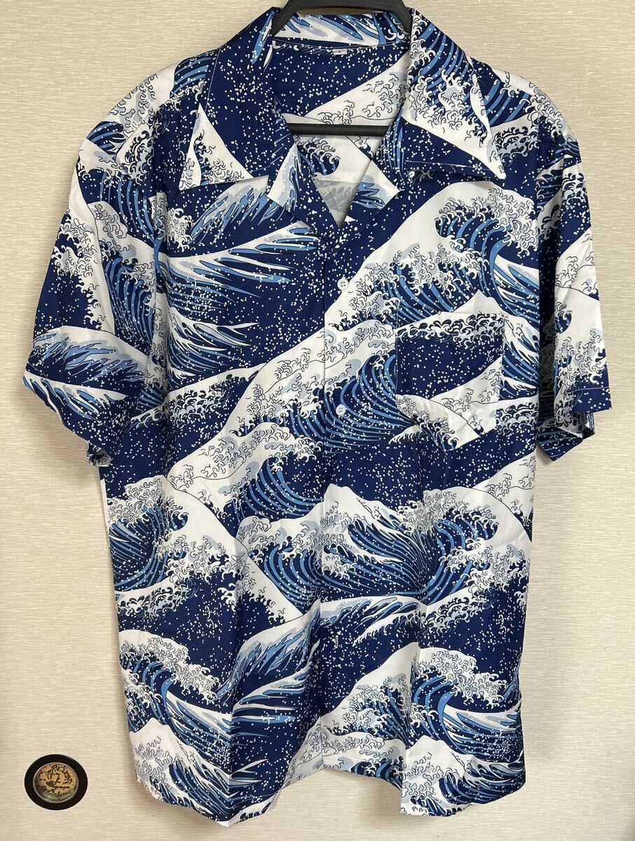 今期モデル 雪 荒波 和柄 ハワイアン アロハシャツ ブルー L 新品未使用 再出品 の画像1