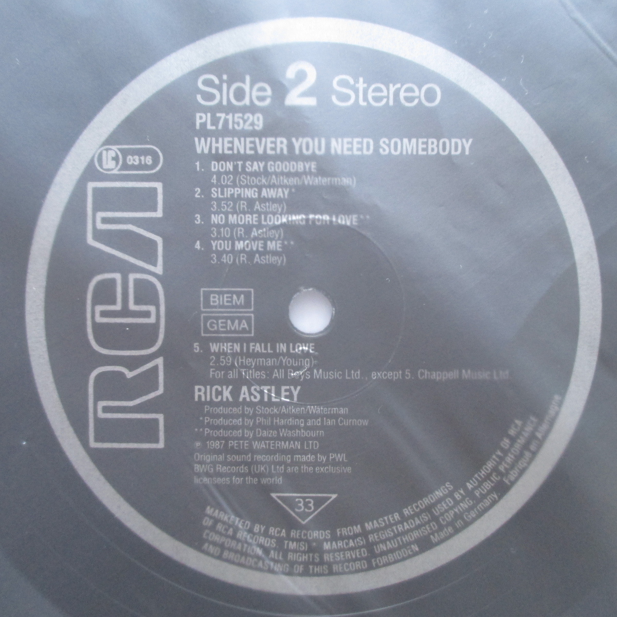 PWL ◇LP：GERMANY◇ RICK ASTLEY / WHENEVER YOU NEED SOMEBODY 「PL71529」の画像6