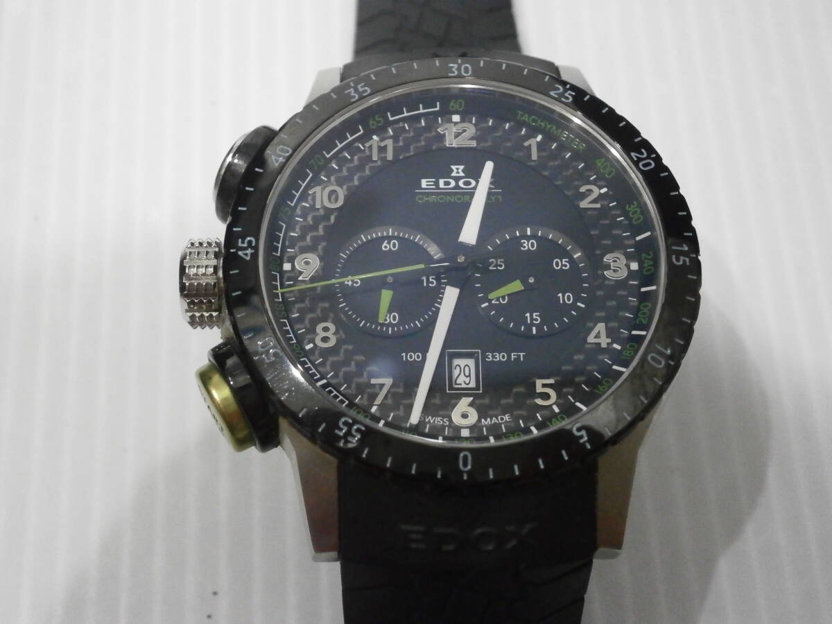 655 EDOX エドックス QZ 10305 クロノラリー1 クロノ 100M 黒文字盤 デイト ラウンド メンズ腕時計/不動品の画像8