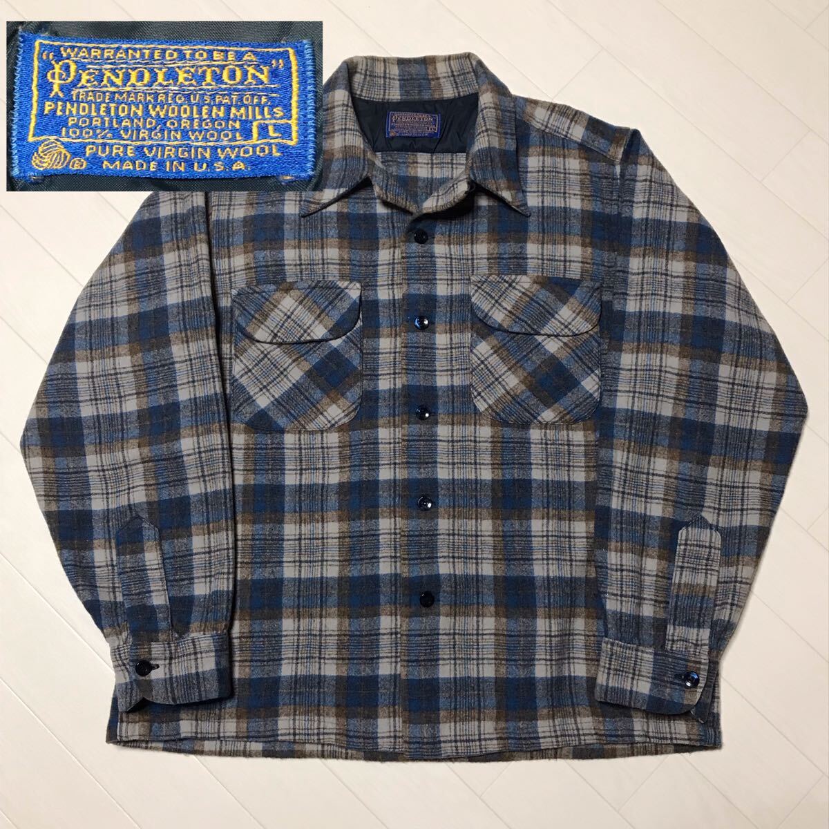 70s USA製 PENDLETON ペンドルトン ボードシャツ 開襟 オープンカラー ウールシャツ チェック ヴィンテージ ビンテージ ンテージ サイズL_画像1