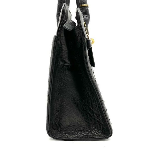 仙9 オーストリッチ ハンドバッグ ブラック系 JRA認定 キーロック ゴールド金具 鍵付き バーキン型 レザー 黒 手提げ 鞄の画像5