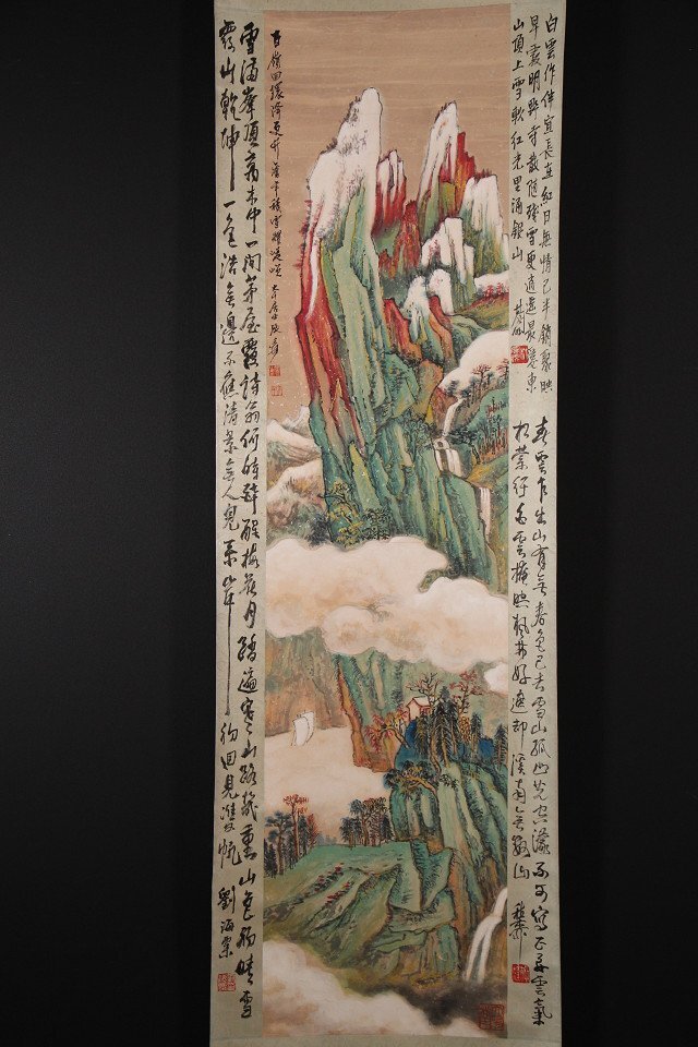 【模写】博物館展示品 5019 現代 張大千 山水図 全長約213.5cm （検）中国画 掛軸 紙本 肉筆の画像7