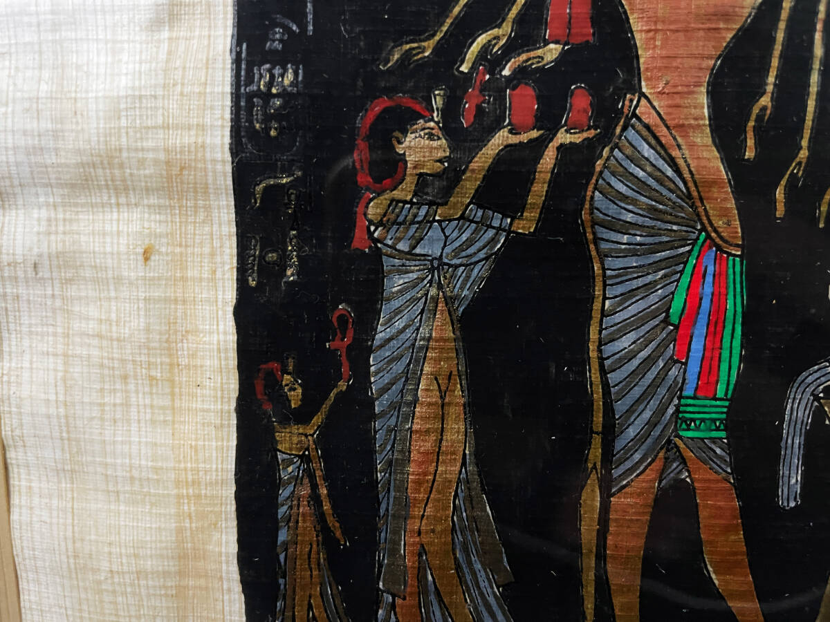 エジプト絵画 パピルス サイン有 額装 版画 作者不明 額寸約33cm×38cm_画像6