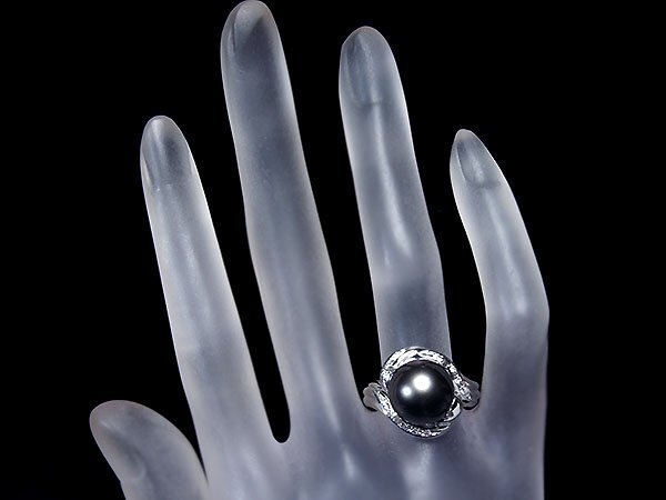 1円～【ジュエリー極】妖艶な色合い！南洋ブラックパール11.5mm＆天然ダイヤモンド0.12ct 高級Pt900リング a1045kv【送料無料】の画像5