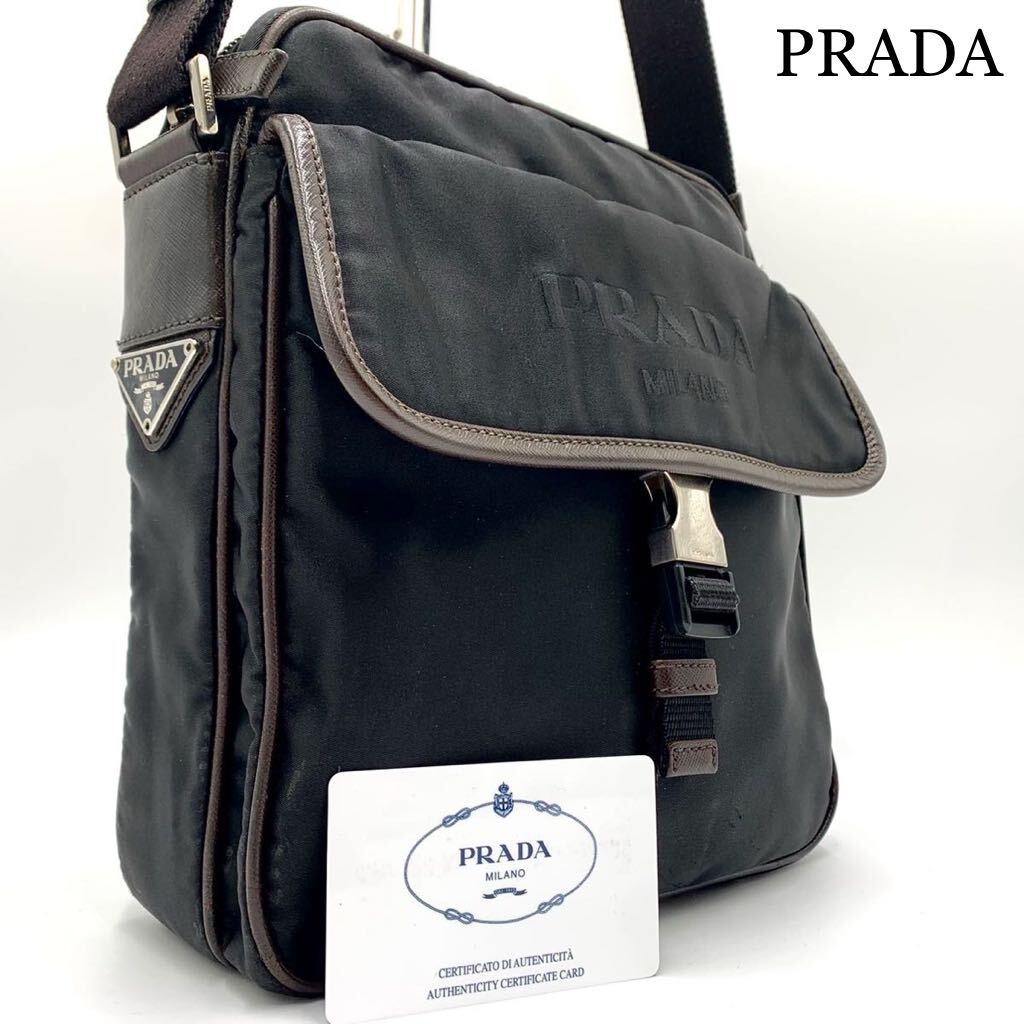 625【現行・極美品】PRADA プラダ ショルダーバッグ サコッシュ ポシェット 三角ロゴ テスートナイロン サフィアーノレザー ブラック 黒 茶_画像1