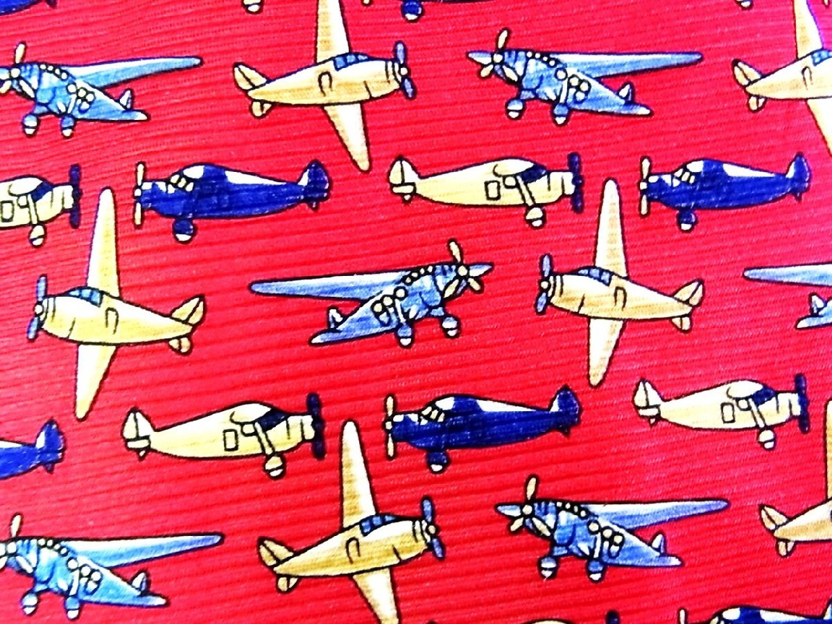 DC01667♪【キャラ柄】シルク100％ 刺繍「飛行機 プロペラ機 乗り物」USED並品 ネクタイ♪_画像1