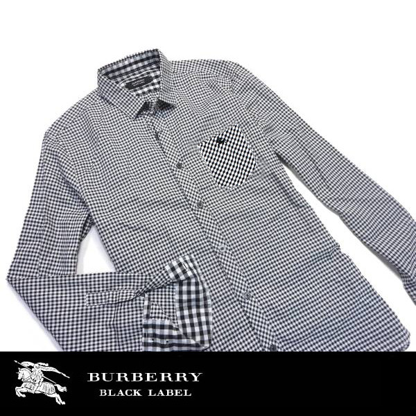  ultimate beautiful goods!2(M)* hose embroidery × silver chewing gum check * Burberry Black Label men's oxford BD long sleeve shirt black BURBERRY BLACK LABEL