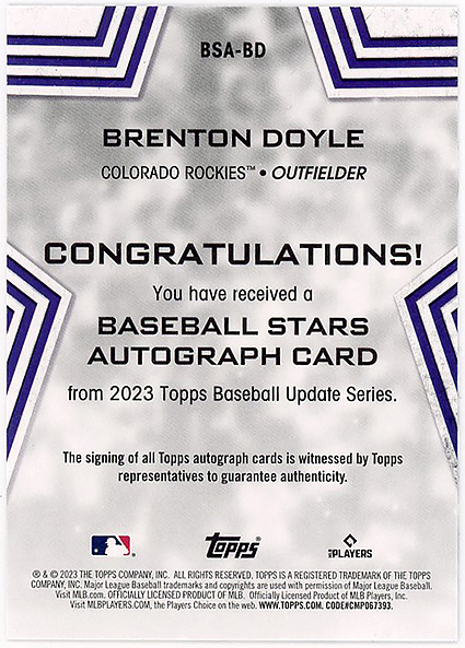 ROCKIES外野▲BRENTON DOYLE/2023 TOPPS UPDATE BASEBALL STARSサインRC!の画像2