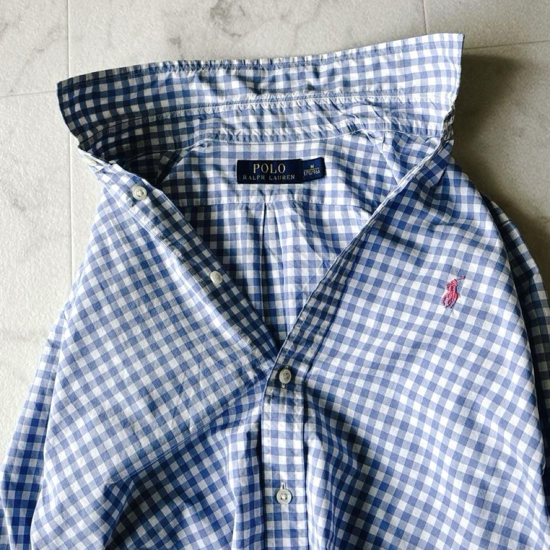 ラルフローレン コットン 100ギンガムチェック 長袖シャツ ポニー刺繍 ブルー 白 Mの画像3