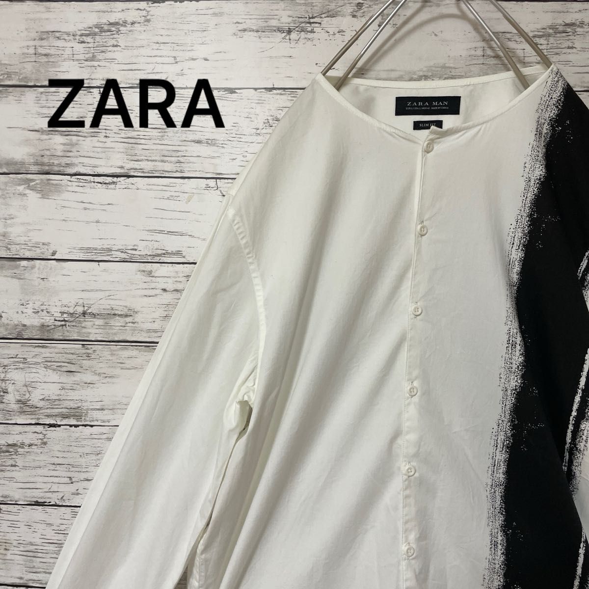 ZARA MAN ノーカラーシャツ アートモード モノクロ 個性的 人気 白 黒