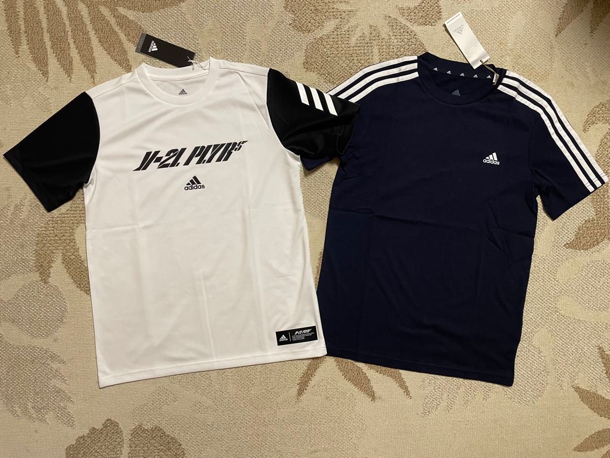 新品 160 2枚 adidas アディダス 快適!! 半袖ロゴ総柄Ｔシャツ ホワイト/ブラック 白/黒 ネイビー/ホワイト 紺