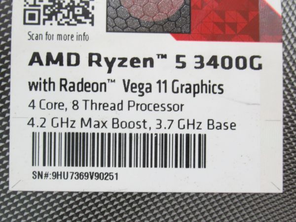 AC 10-2 美品 AMD Ryzen5 3400G グラフィック内蔵 国内正規品 3.7GHz Socket AM4 YD3400C5MFHBOXの画像2