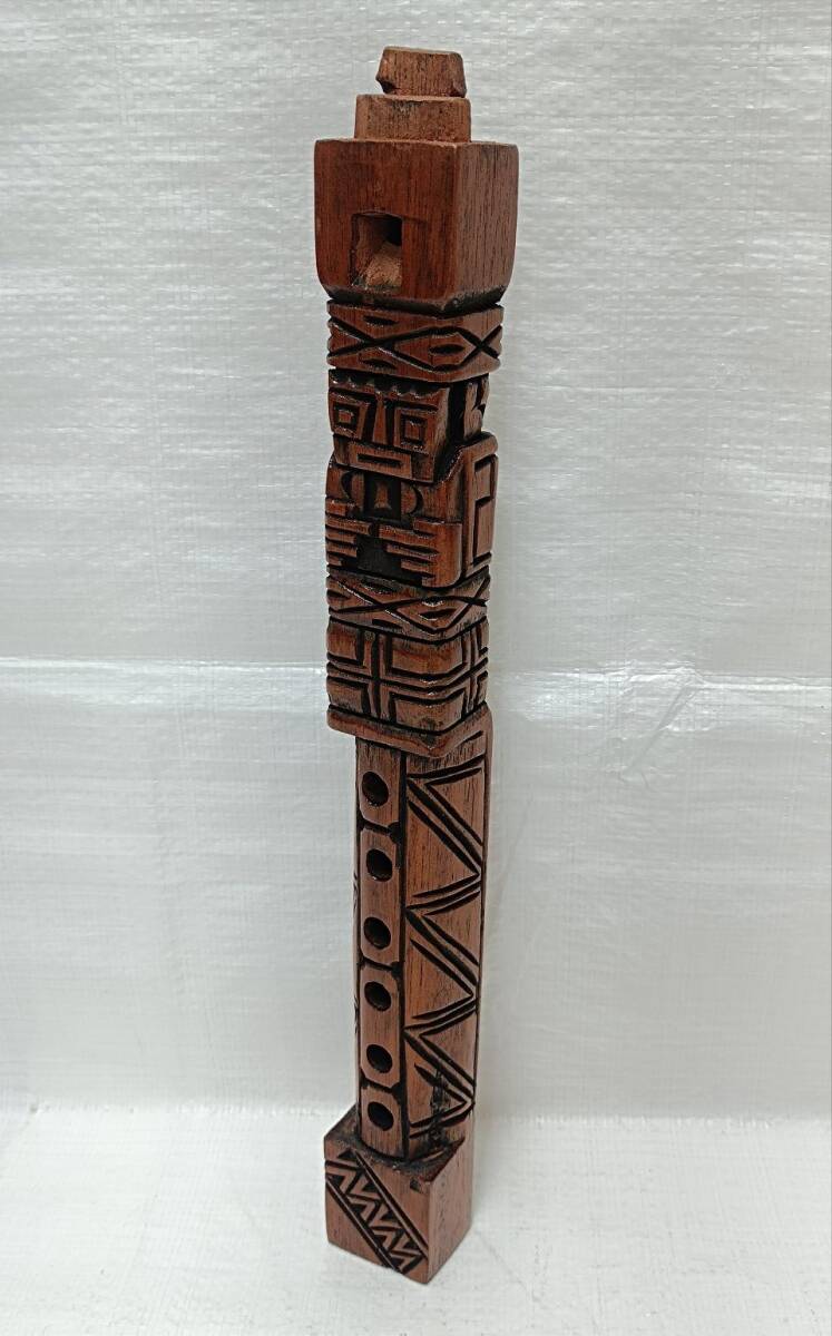 メキシコ製 古い 民族楽器 木製縦笛 アンデス・アステカオブジェ縦笛の画像1