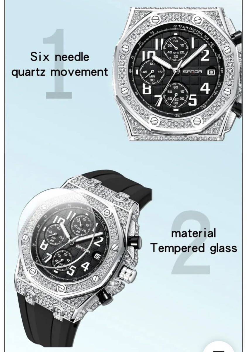 新作 メンズ腕時計 ウブロオマージュ ジルコニア  防水腕時計 カレンダー クロノグラフ 黒文字盤 スーツ  A2121の画像5