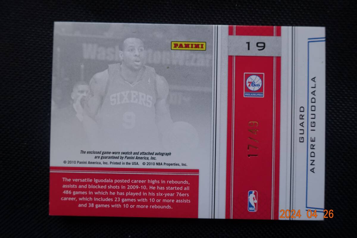 Andre Iguodala 2010 Playoff National Treasures Colossal Jersey Numbers Signatures#17/49の画像3