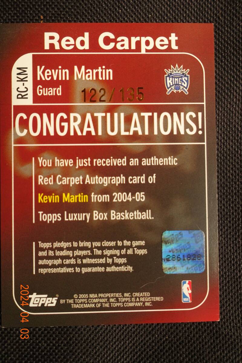 Kevin Martin 2004-05 Topps Luxury Box Red Carpet Autographs #122/135の画像3