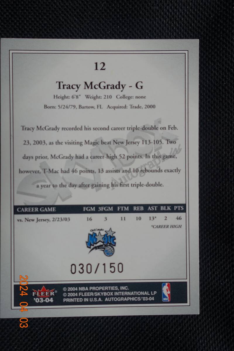 Tracy McGrady 2003-04 Skybox Autographics No.12 Silver #030/150の画像2