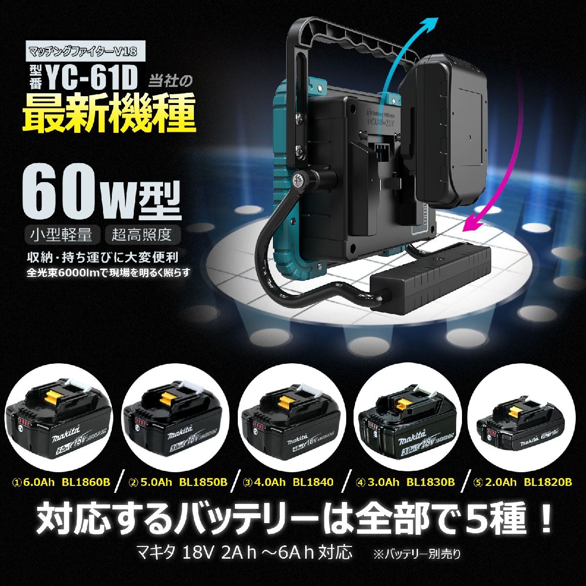 LEDライト バッテリー着脱 LED投光器 明るい 60W 6000lm 昼光色 マキタバッテリー GOODGOODS YC-61D_画像7