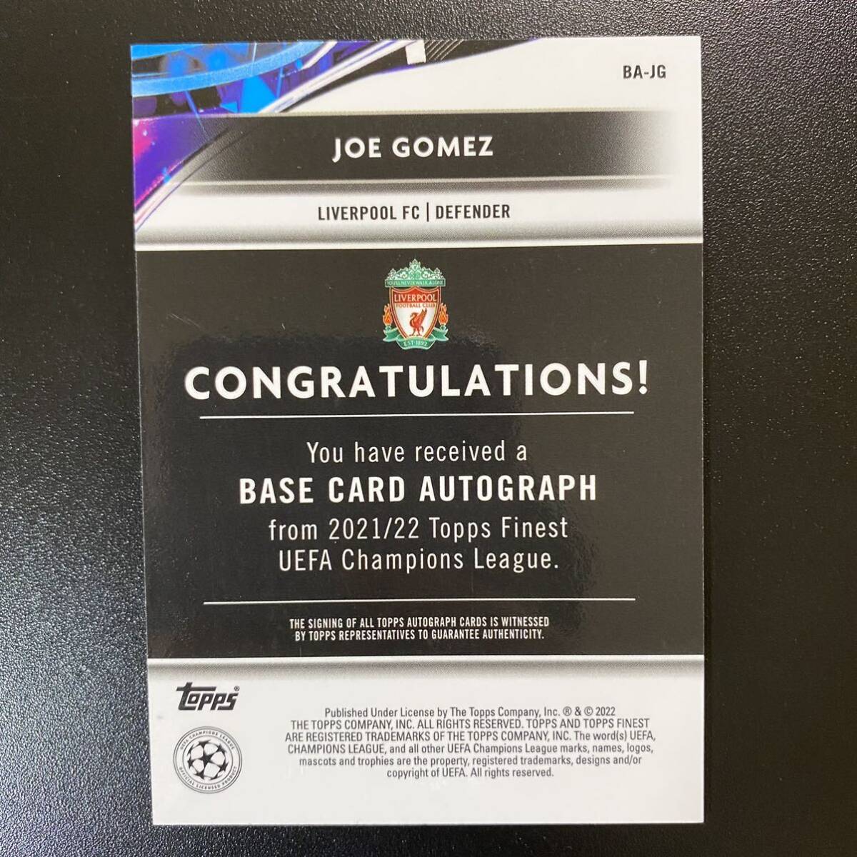 Joe Gomez 2021-22 Topps Finest Refractor Auto Liverpool 直筆サインカード ジョー・ゴメスの画像2