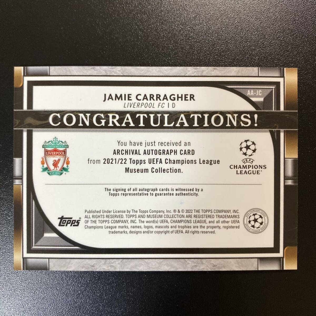2021-22 Topps Museum Collection UCL Archival /99 Jamie Carragher Auto Liverpool 直筆サインカード ジェイミー・キャラガーの画像2