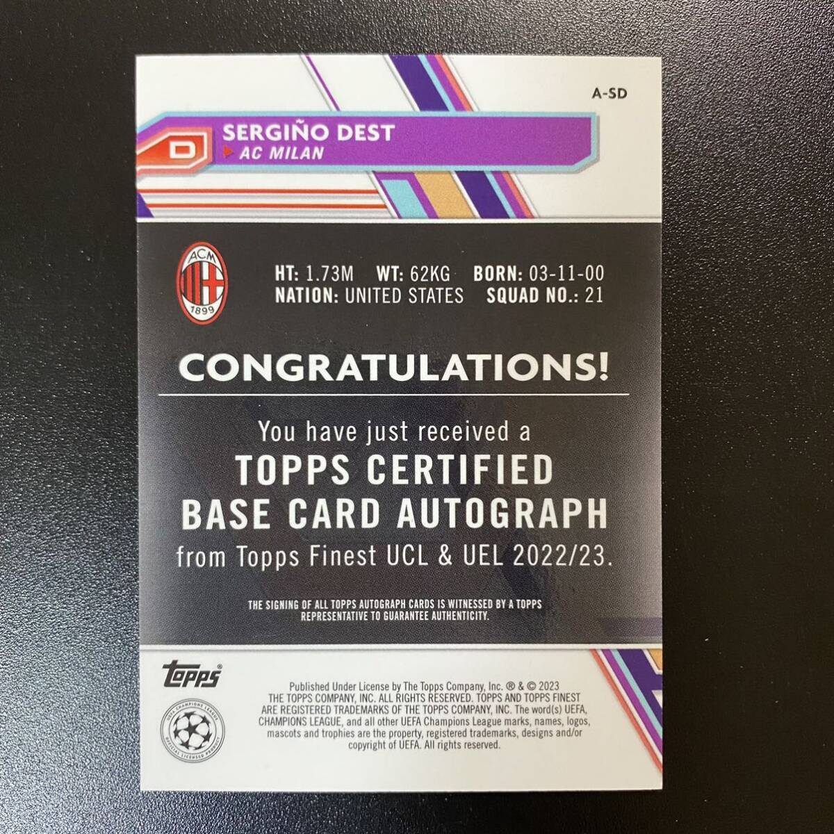 Sergino Dest 2022-23 Topps Finest Blue Refractor Auto AC Milan /150直筆サインカード セルジーニョ・デストの画像2