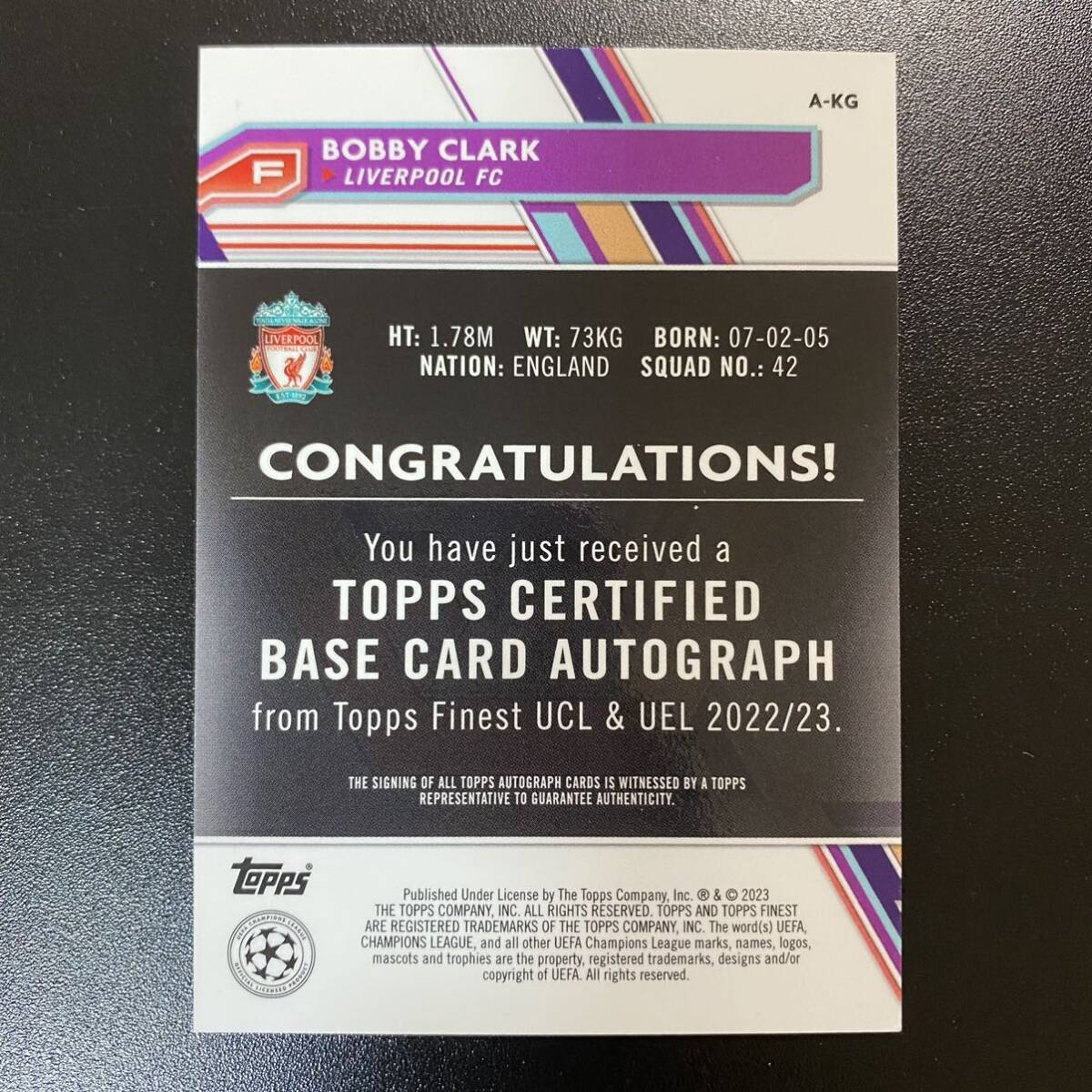 Bobby Clark RC 2022-23 Topps Finest Refractor Auto Liverpool 直筆サインカード ボビー・クラークの画像2