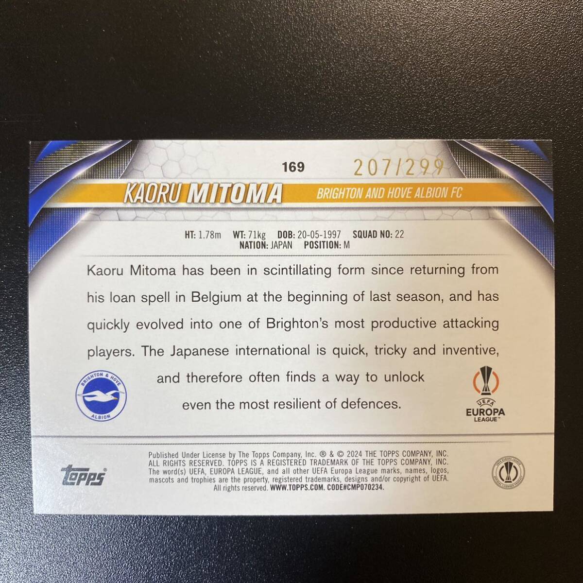 Kaoru Mitoma 2023-24 Topps UEFA Club Competition Brighton 三笘薫 /299の画像2