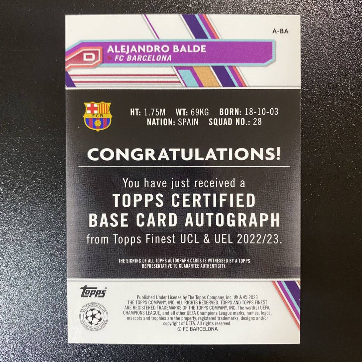 Alejandro Balde 2022-23 Topps Finest Refractor Auto Barcelona 直筆サインカード アレックス・バルデ_画像2