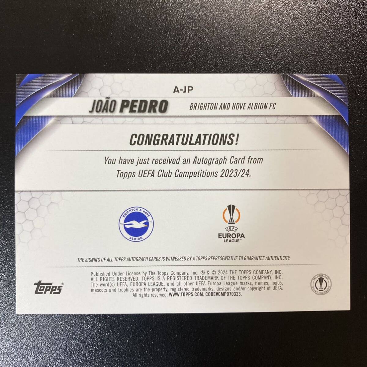 2023-24 Topps UEFA Club Competition Joao Pedro Auto Brighton 直筆サインカード ジョアン・ペドロ_画像2