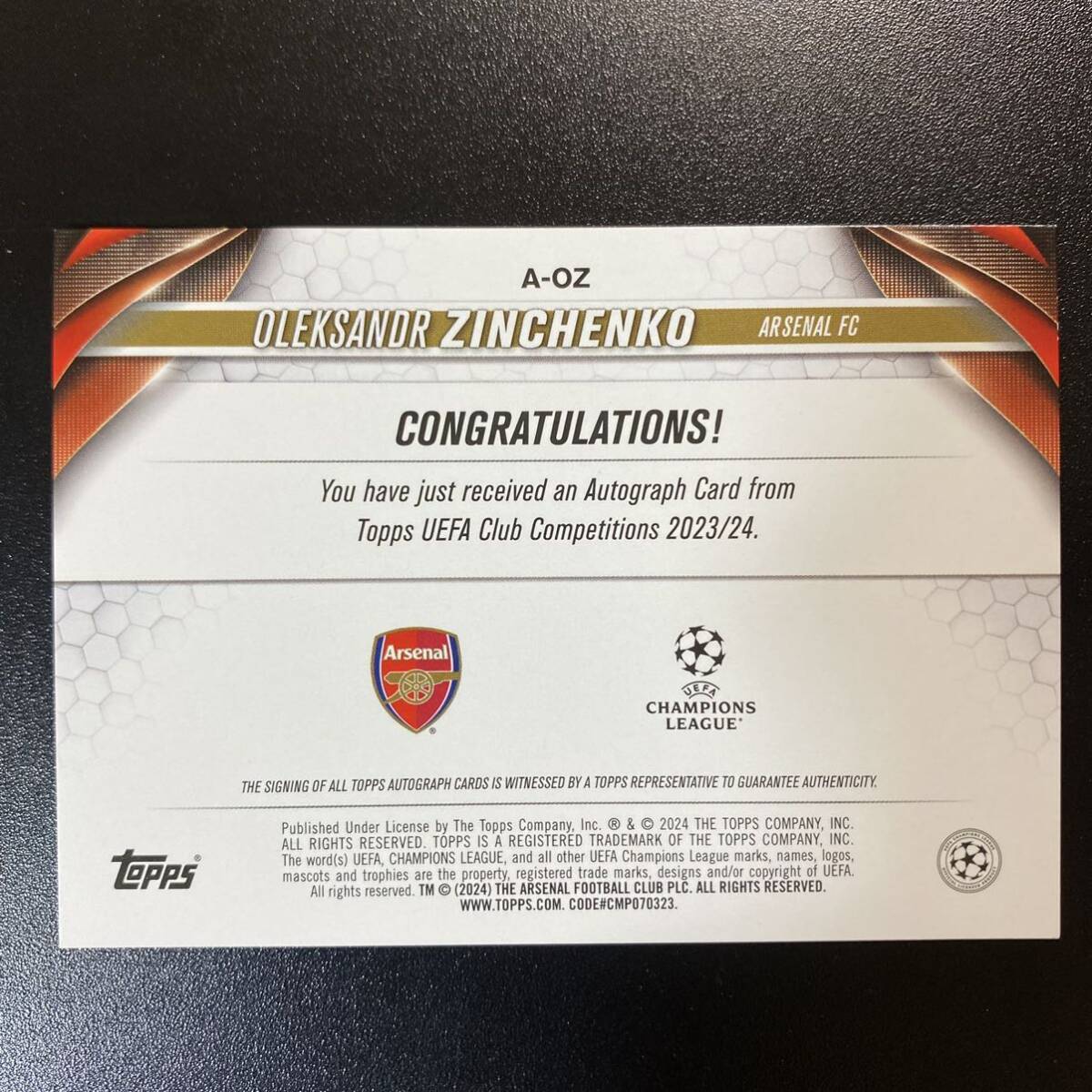 2023-24 Topps UEFA Club Competition Oleksandr Zinchenko Auto Arsenal 直筆サインカード オレクサンドル・ジンチェンコ_画像2