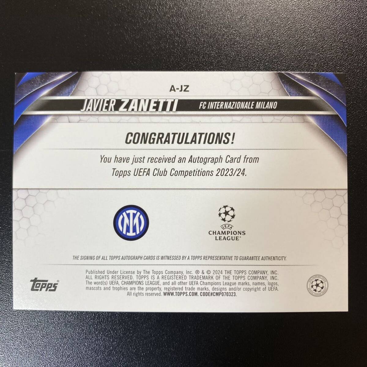 2023-24 Topps UEFA Club Competition Javier Zanetti Auto Inter Milano 直筆サインカード ハビエル・サネッティの画像2