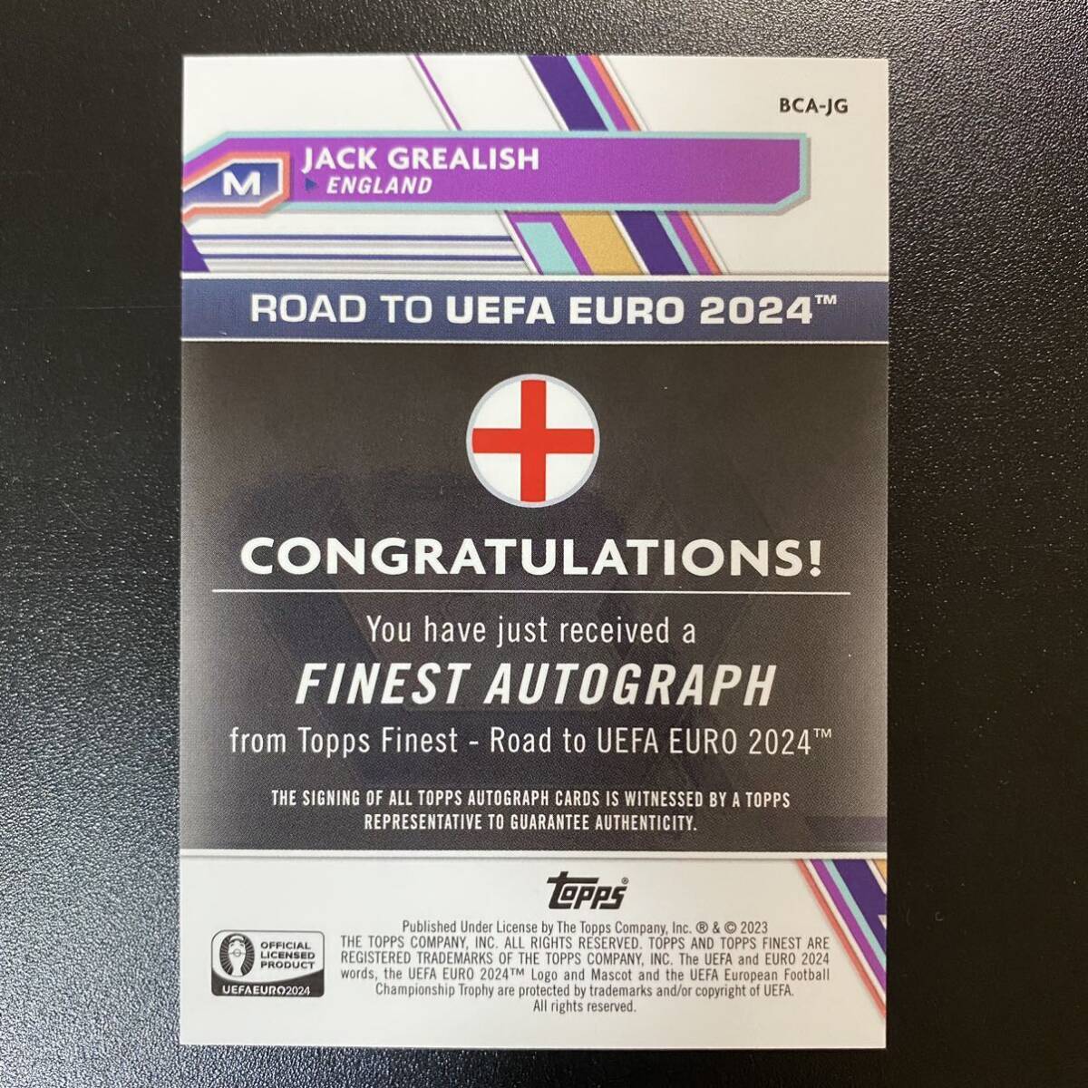 2023-24 Topps Finest Road to Euro Jack Grealish Auto England 直筆サインカード ジャック・グリーリッシュ_画像2