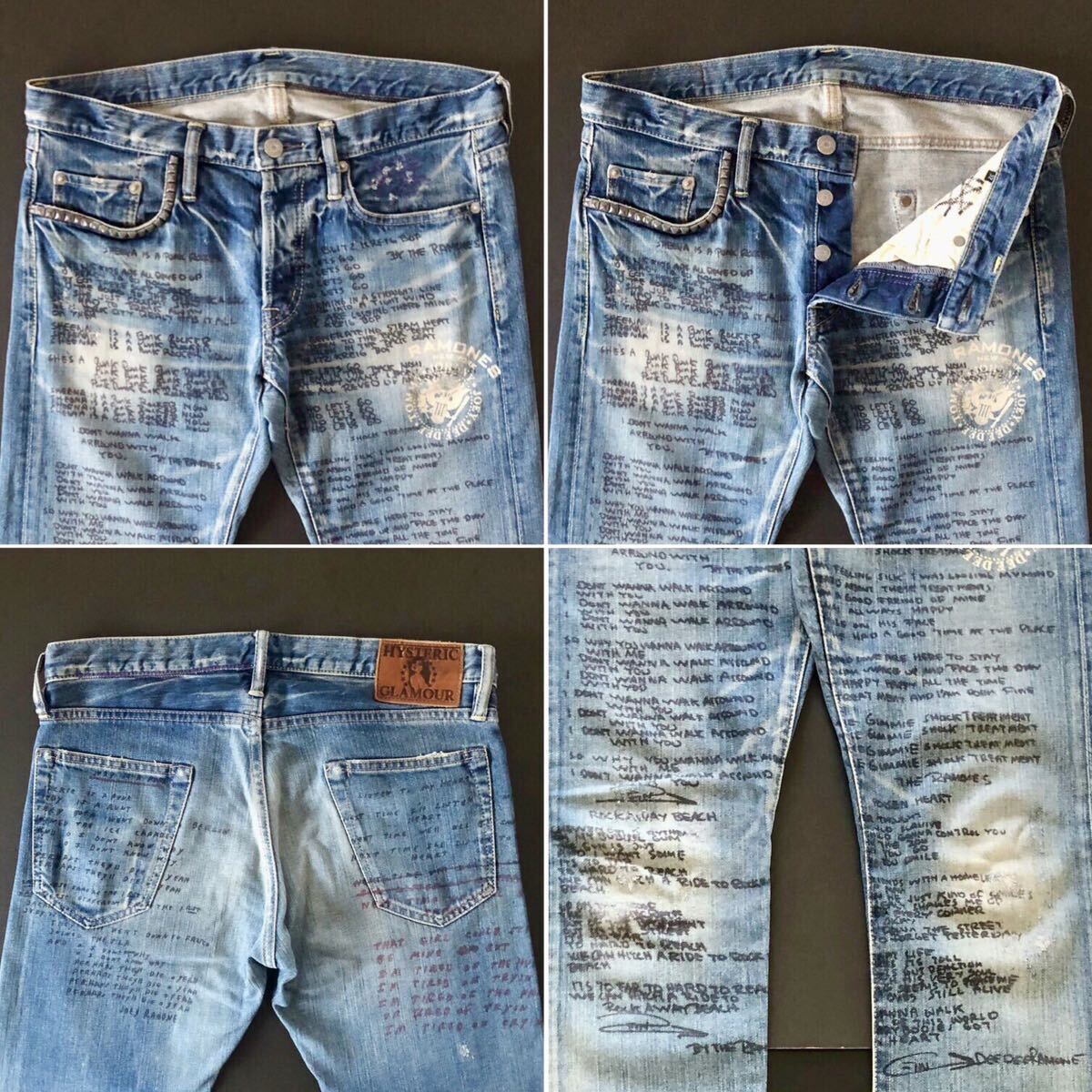 激レア RAMONESコラボ 歌詞プリント総柄 ダメージ加工ストレッチ 激レア RAMONESコラボ 歌詞プリント総柄 ダメージ加工ストレッチ