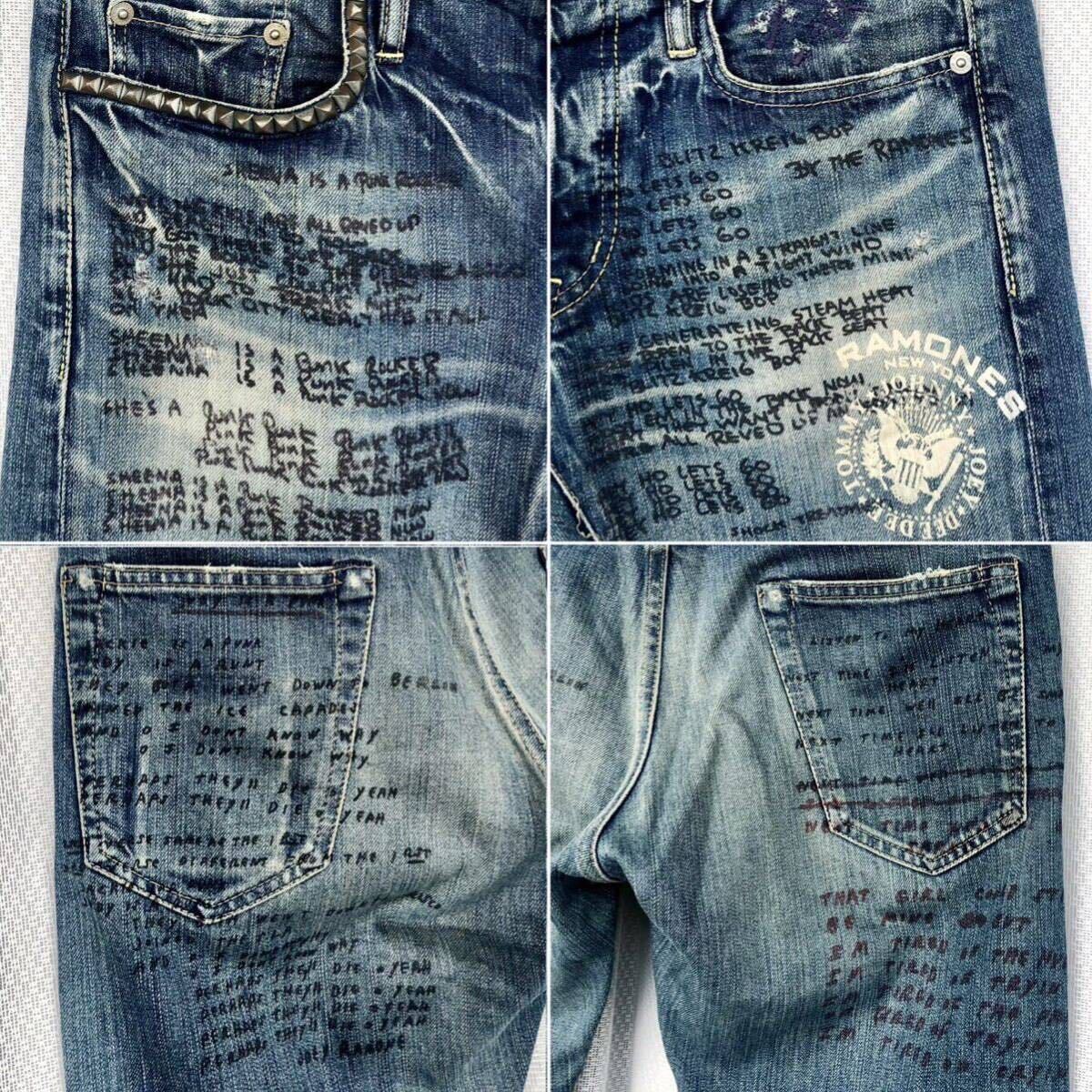 激レア RAMONESコラボ 歌詞プリント総柄 ダメージ加工ストレッチ 激レア RAMONESコラボ 歌詞プリント総柄 ダメージ加工ストレッチ