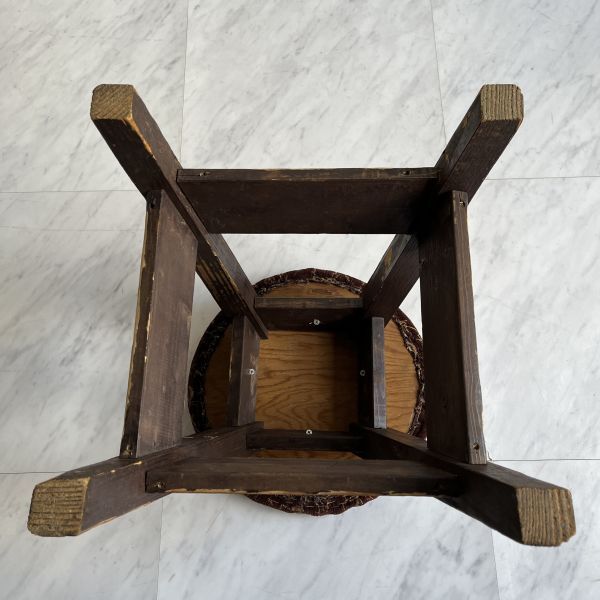 ヴィンテージ レトロ 古い椅子 丸椅子 古い木製椅子 布張り丸座面 ① 木製スツール_画像9