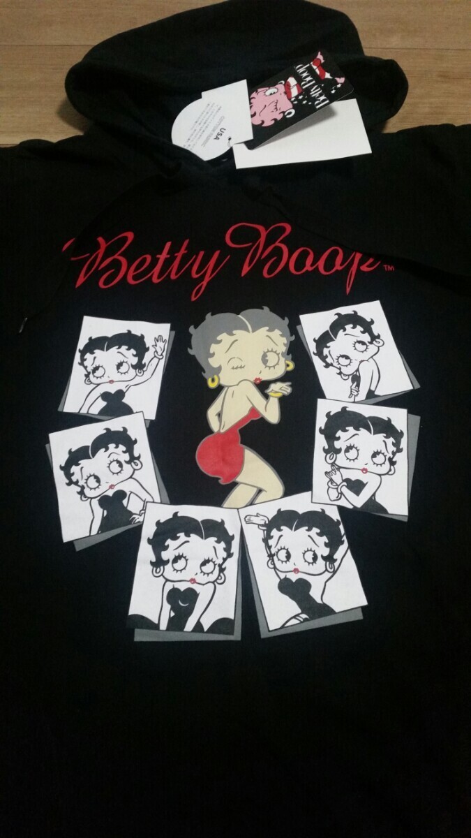 Mサイズ 新品 ベティちゃん BettyBoop ワイドサイズ(大きいサイズ) 半袖 プルパーカー Tシャツ 黒 ブラック 綿100 送料無料_画像2