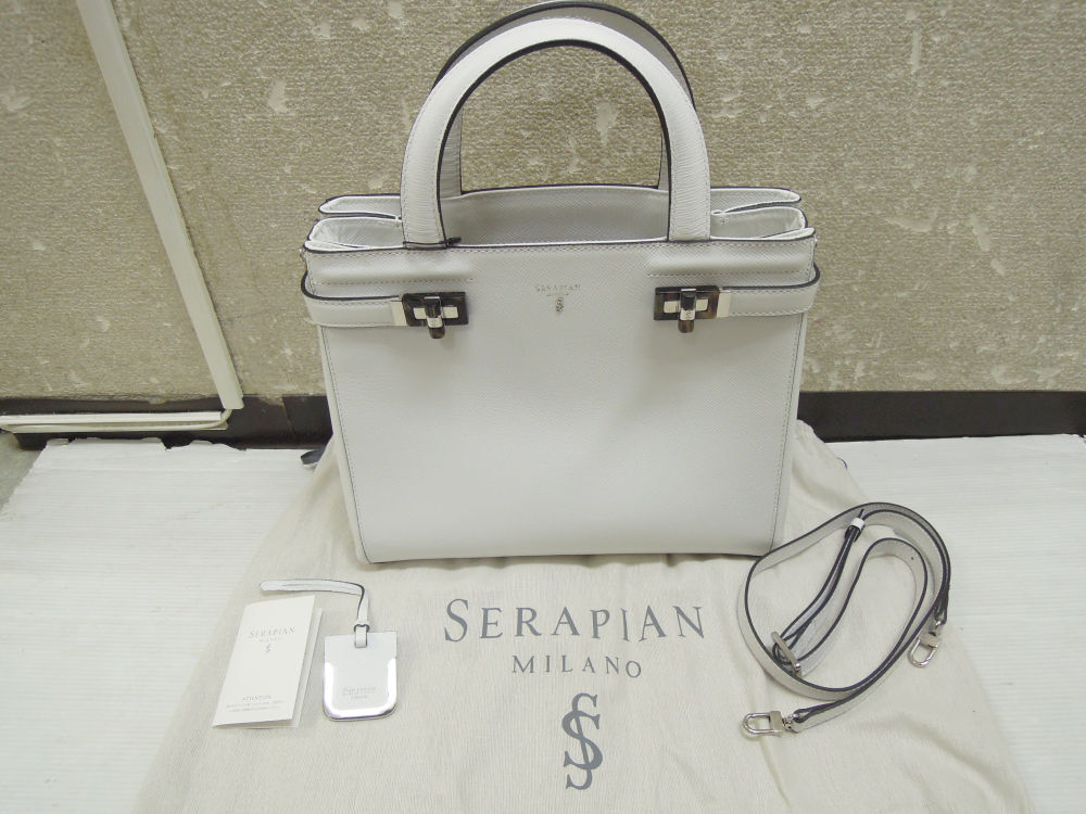 2008) 未使用 SERAPIAN セラピアン レザー 2way ハンドバッグ ショルダー Small Melinee bag Evolution Optical White ホワイトの画像1